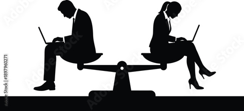 Silhouette seesaw icon with man and woman in business attire using laptops, symbolizing gender equality in professional design content.