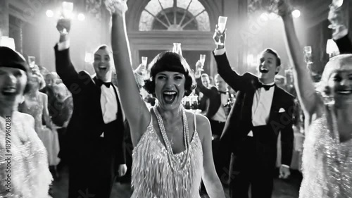 Black and white image of a 1920s party with people dancing and dressed in formal attire