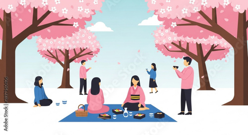 Family Having Picnic under Pink Cherry Blossom Trees during Spring