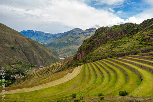 Ancient Inca agricultural terraces of Pisac in the Sacred Valley, Cusco, Peru