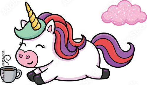 Cute cartoon unicorn drinking coffee, kawaii fantasy character, pastel magical illustration, vector design for kids, stickers, branding