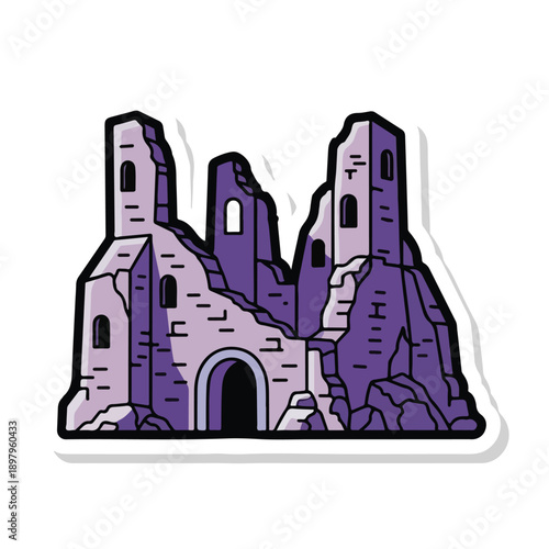 A purple illustration of a ruined castle