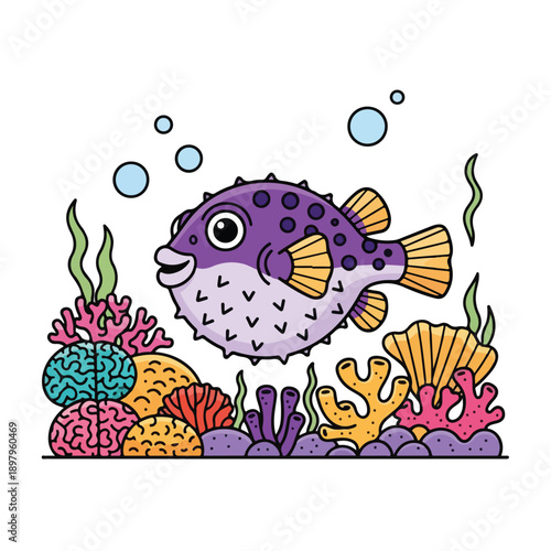 A purple pufferfish swims among colorful coral and seaweed