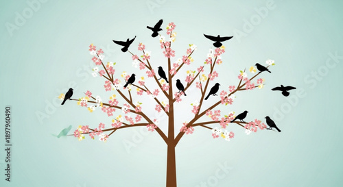 Black Birds Flying Around Blossoming Tree with Pink Flowers