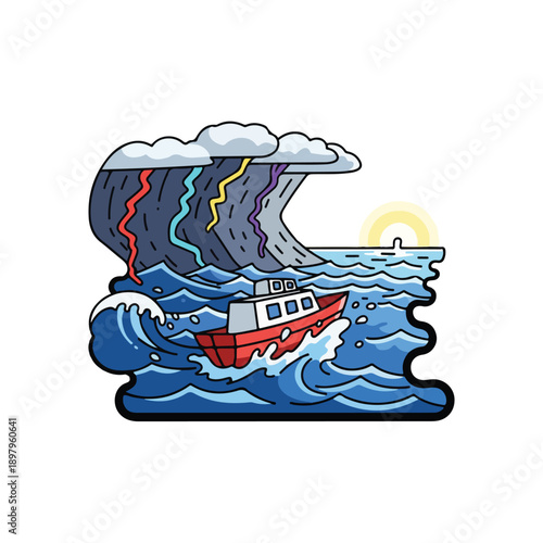 A red and white boat on turbulent waters under a stormy sky