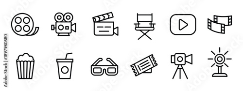 Cinema icon set. Film reel, movie camera, clapperboard, cinema screen, director chair, popcorn bucket, soda cup, movie ticket, 3D glasses, spotlight, camera tripod symbol. vector illustration.