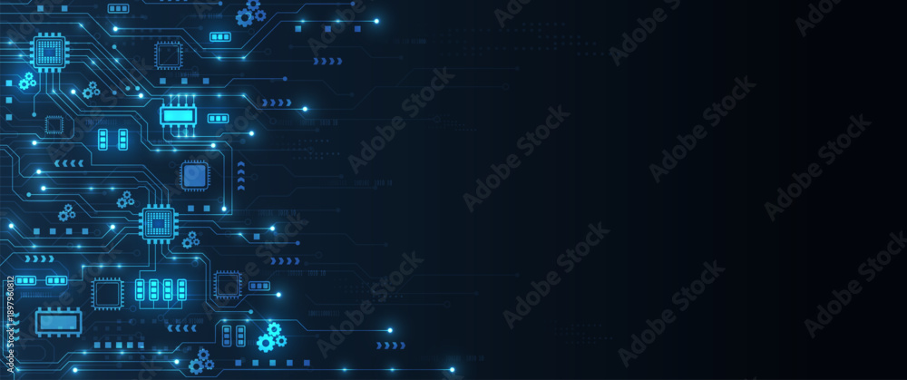 Fototapeta premium Digital circuit board with artificial intelligence microchips and glowing blue technical elements