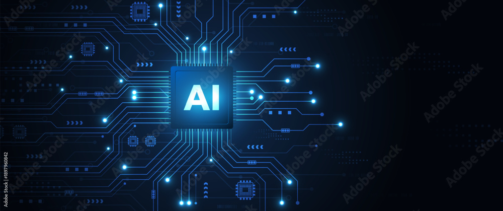 Fototapeta premium Central artificial intelligence processor unit integrated with glowing blue digital circuit lines