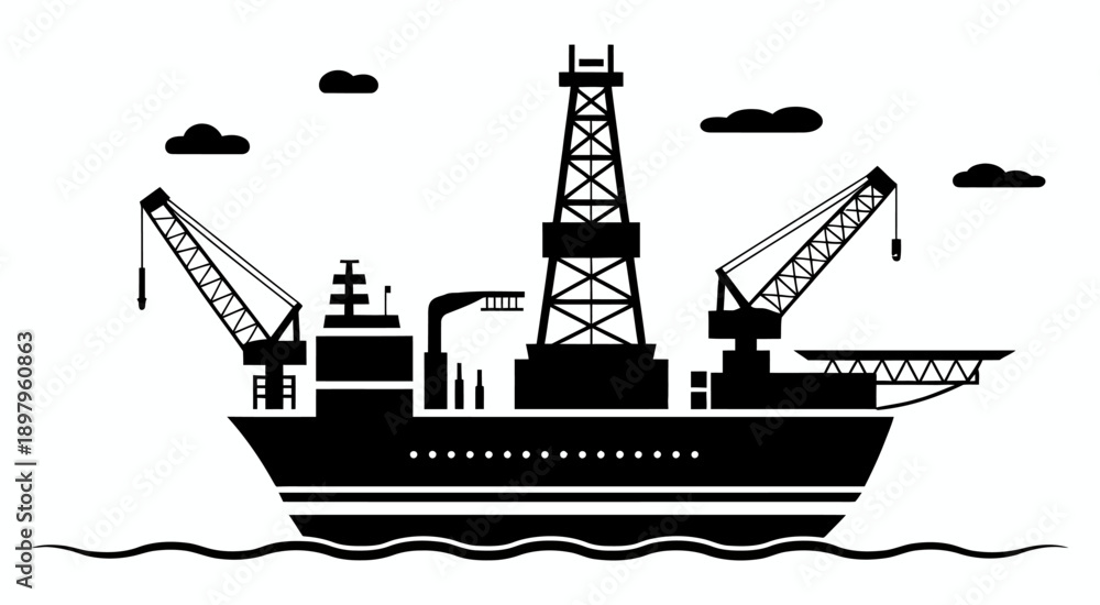 Obraz premium Striking black silhouette illustration of offshore oil platform and ship at sea, featuring industrial energy concept, maritime extraction theme, detailed vector styling, and dramatic ocean horizon com