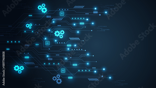 Digital Circuit Board Integrated with Artificial Intelligence Processor Chips and Neon Blue Gears