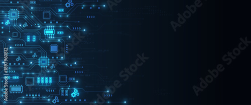 Digital circuit board with artificial intelligence microchips and glowing blue technical elements