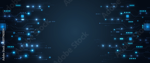 Symmetrical digital circuit boards flanking empty central space with glowing blue nodes