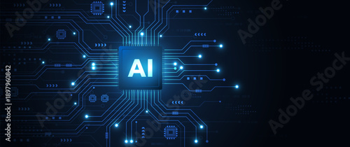 Central artificial intelligence processor unit integrated with glowing blue digital circuit lines