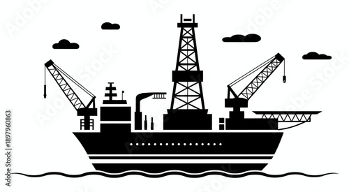Striking black silhouette illustration of offshore oil platform and ship at sea, featuring industrial energy concept, maritime extraction theme, detailed vector styling, and dramatic ocean horizon com