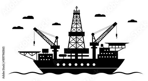 Striking black silhouette illustration of offshore oil platform and ship at sea, featuring industrial energy concept, maritime extraction theme, detailed vector styling, and dramatic ocean horizon com