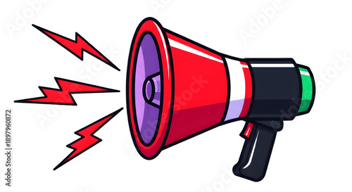 A colorful cartoon megaphone with red lightning bolts on a transparent background.