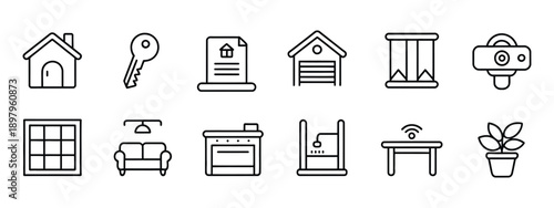 Home icon set. House outline, home key, living room sofa, bathroom shower, dining table, window frame, garage, smart home, security camera symbol. vector illustration.