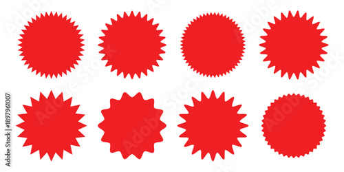 Red starburst sale badges and promotional stickers icon set vector. special offer, promotion, discount symbol. vector illustration.