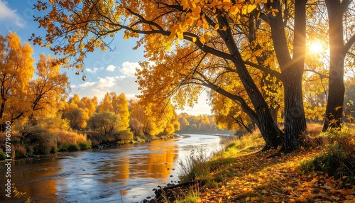 Golden Autumn Forest River Landscape with Sun Rays.