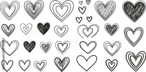 Hand drawn black heart icons vector set with sketch, doodle and outline love symbols for romantic and Valentine’s Day designs