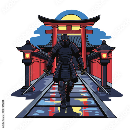 A samurai walks towards a Japanese temple