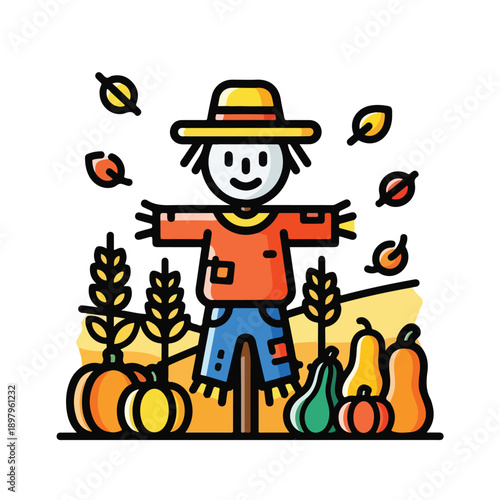 A scarecrow in a field with pumpkins and leaves
