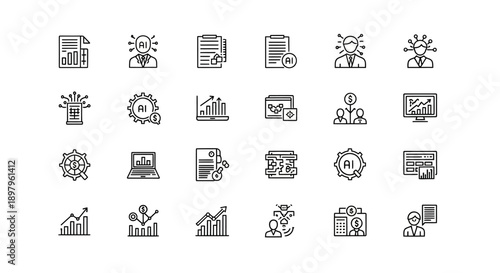AI & Business Icons: Data Analysis, Growth Charts, Teamwork, Technology