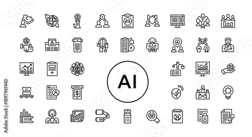 AI Business Icons Set - Technology, Finance, Data Analysis, Strategy, Innovation