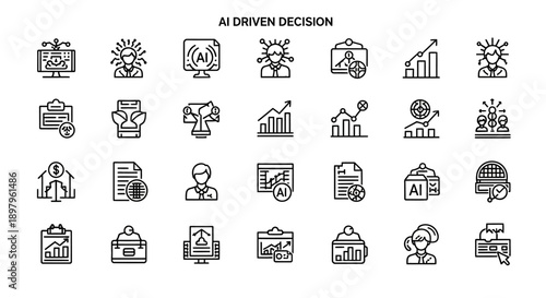 AI Driven Decision Making Icons: Technology, Business, Data Analysis, Strategy