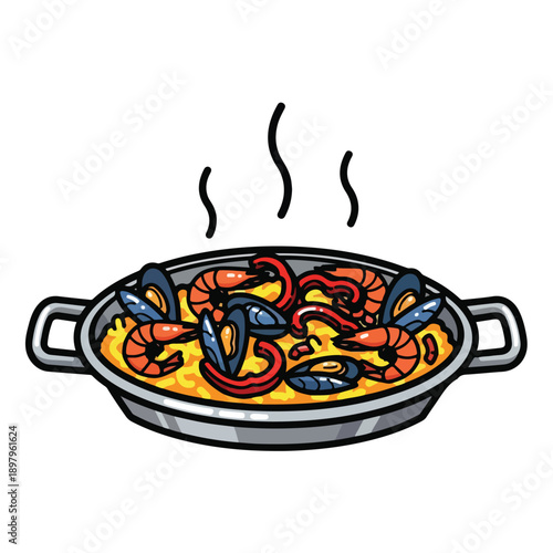 A seafood paella dish with shrimp, mussels