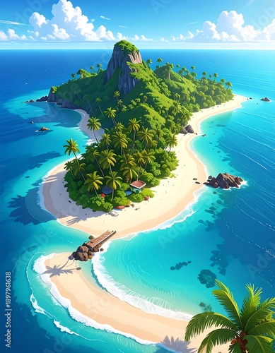A serene island with lush greenery and a sandy beach