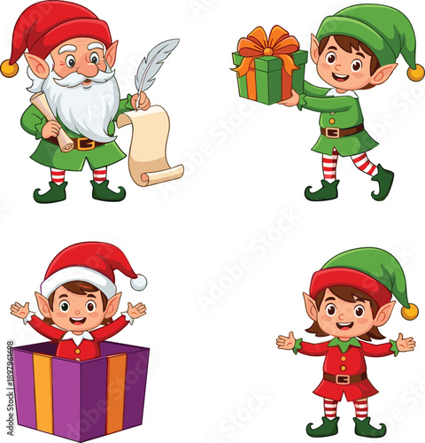 Cute Christmas elf and Santa character set, holiday helpers illustration, festive cartoon design, vector artwork for kids