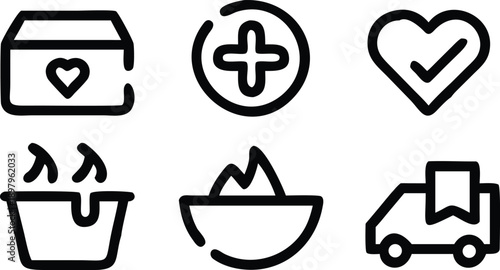 Logistics and healthcare icons featuring heart donation box medical plus sign and delivery truck symbols
