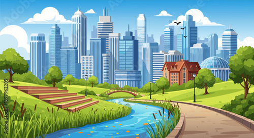 Vibrant city park vector illustration with a flowing river and green spaces, offering a serene urban escape