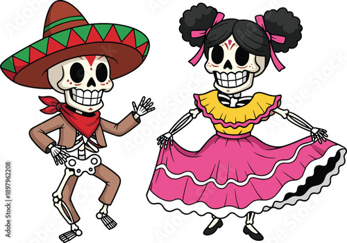 Day of the Dead skeleton couple dancing, Mexican Dia de los Muertos celebration, colorful cartoon vector illustration isolated