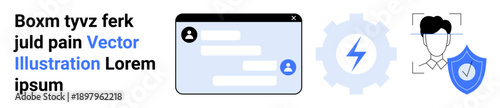 Cybersecurity, identity verification, digital authentication, secure communication, data protection, technology interface. Chat window, gear, lightning bolt face recognition icon with shield