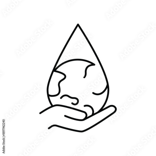 Drop water droplet with plant earth globe icon showing sustainability and environmental care in minimal black line art style featuring environment, eco-friendly, conservation with nature and ecology