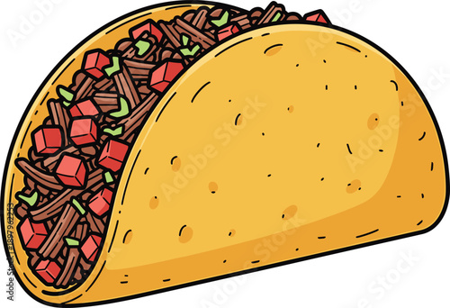 Delicious taco with minced meat filling, Mexican fast food concept, cartoon vector illustration isolated on white background