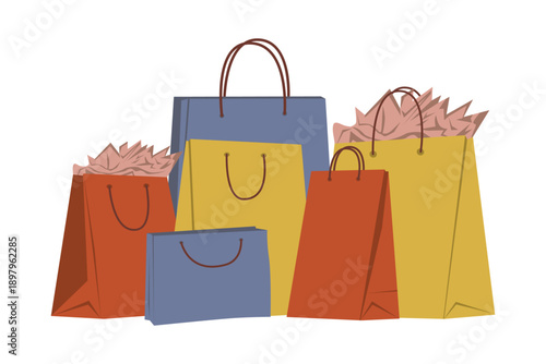 Colorful shopping bags vector illustration featuring a range of sizes and colors. Perfect for retail, sales, shopping themes, and marketing materials highlighting consumerism.