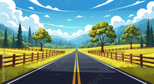Vast Rural Landscape with a Straight Road and Distant Mountains, a Beautiful Vector Illustration of a Scenic Countryside