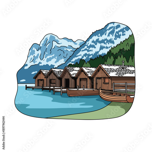 A serene lake scene with wooden cabins and a boat
