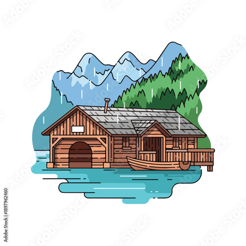 A serene lakeside cabin with a boat and majestic mountains