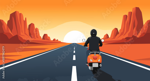 Vector illustration of a lone rider on a scooter cruising down a desert highway at sunset with dramatic rock formations