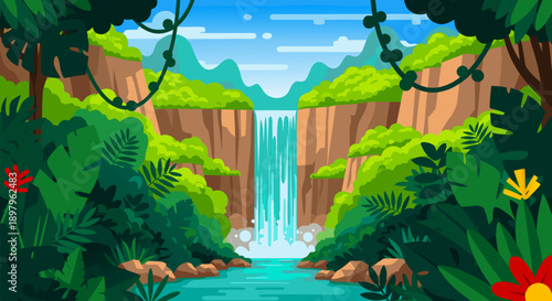 Beautiful Tropical Waterfall Landscape Vector Illustration