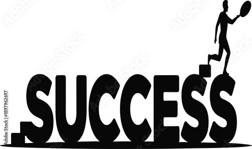 A silhouette of a person stepping up on blocks to reach the word success in bold letters