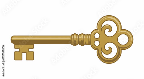 Ornate golden key isolated on stark white background, symbolizing access, mystery, opportunity, and potential solutions, featuring elegant decorative design and luxurious conceptual illustration style