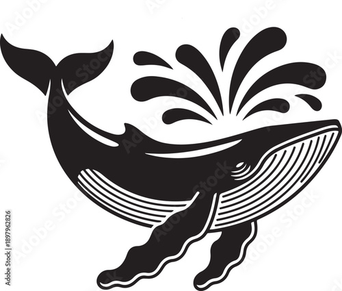 Stylized Humpback Whale Silhouette Vector Illustration, Marine Animal Spouting Water Splash, Ocean Life Graphic Element on White Background