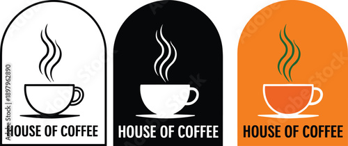 House of Coffee Logo Set with Steaming Cup Icon in Black White and Orange Cafe Branding