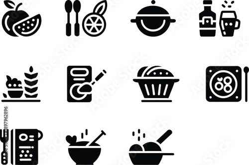 Food and kitchen icon set, cooking utensils and restaurant symbols for menu design, food apps and culinary branding