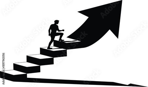 Businessman climbing up stairs with a large arrow pointing upwards, symbolizing growth and success in career or business